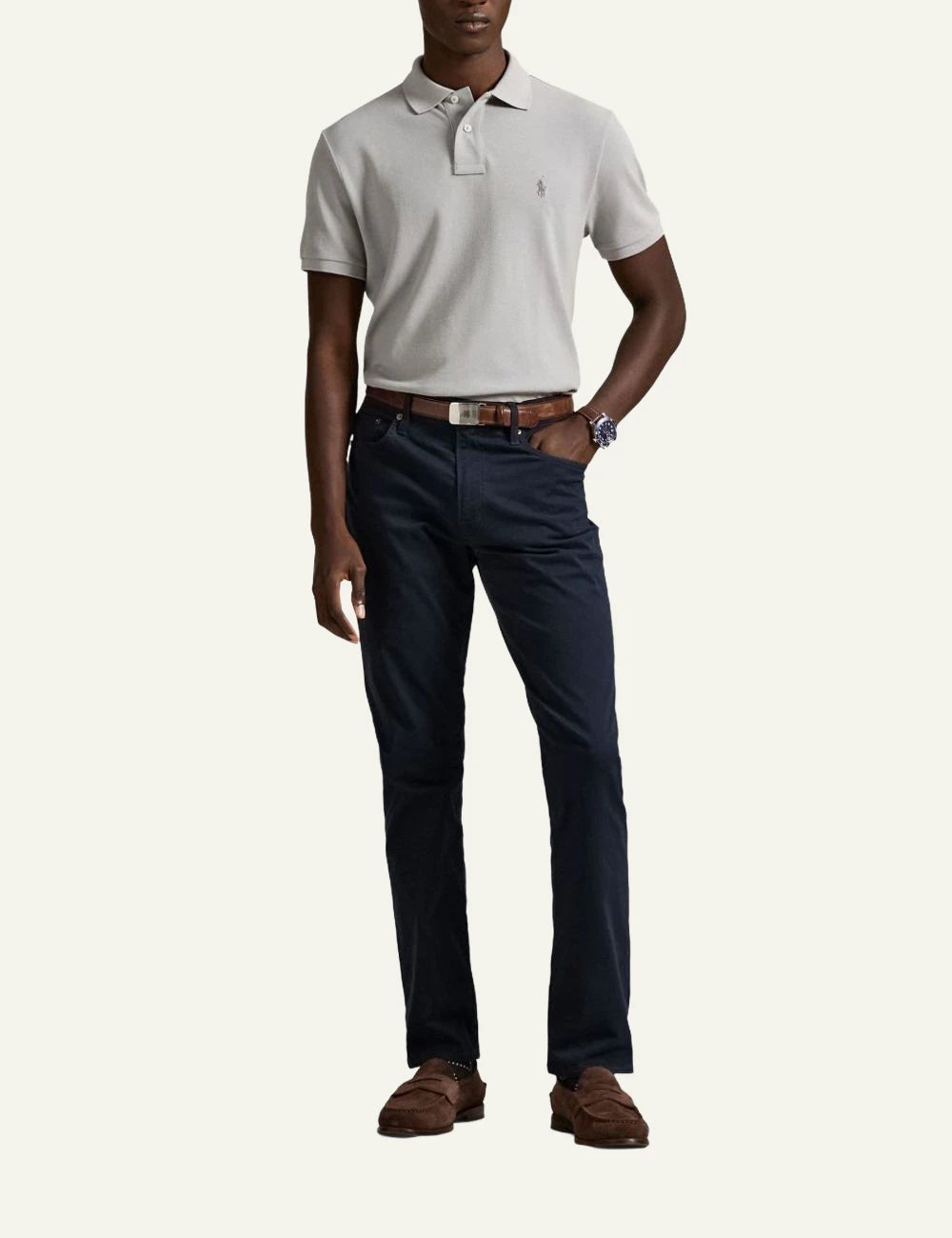 Polo Ralph Lauren light grey polo shirt with small embroidered Big Pony full body view