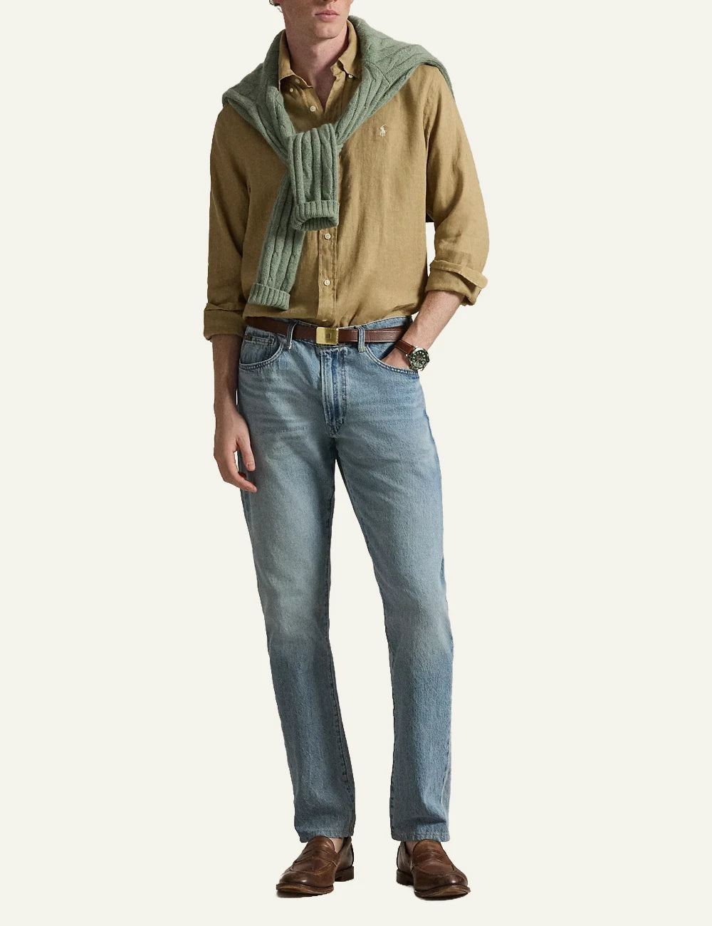 polo ralph lauren linen shirt beige long sleeve button down pony logo front full body view
