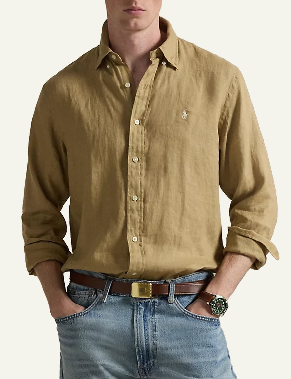 polo ralph lauren linen shirt beige long sleeve button down pony logo front model view