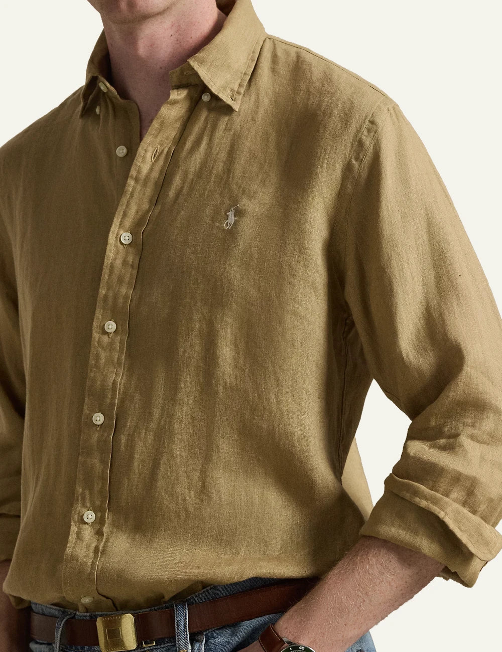 polo ralph lauren linen shirt beige long sleeve button down pony logo front detail view
