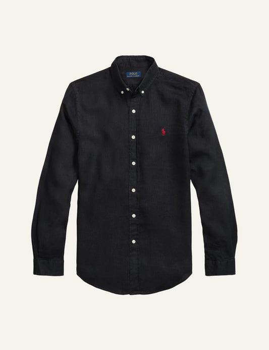 polo ralph lauren linen shirt black long sleeve button down pony logo front view