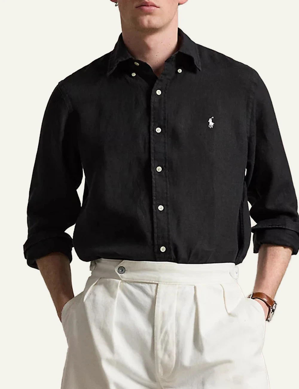polo ralph lauren linen shirt black long sleeve button down pony logo front model view