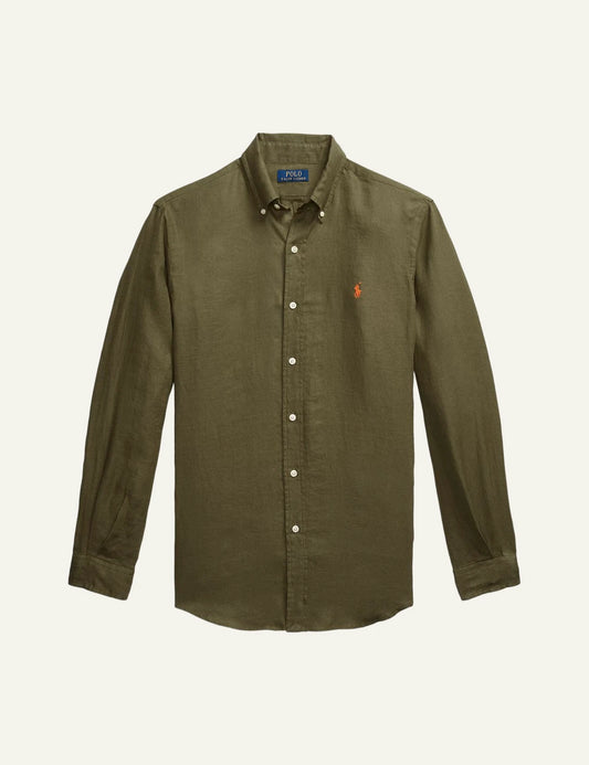 polo ralph lauren linen shirt khaki long sleeve button down pony logo front view
