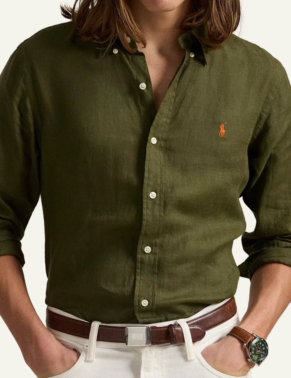 polo ralph lauren linen shirt khaki long sleeve button down pony logo front detail view
