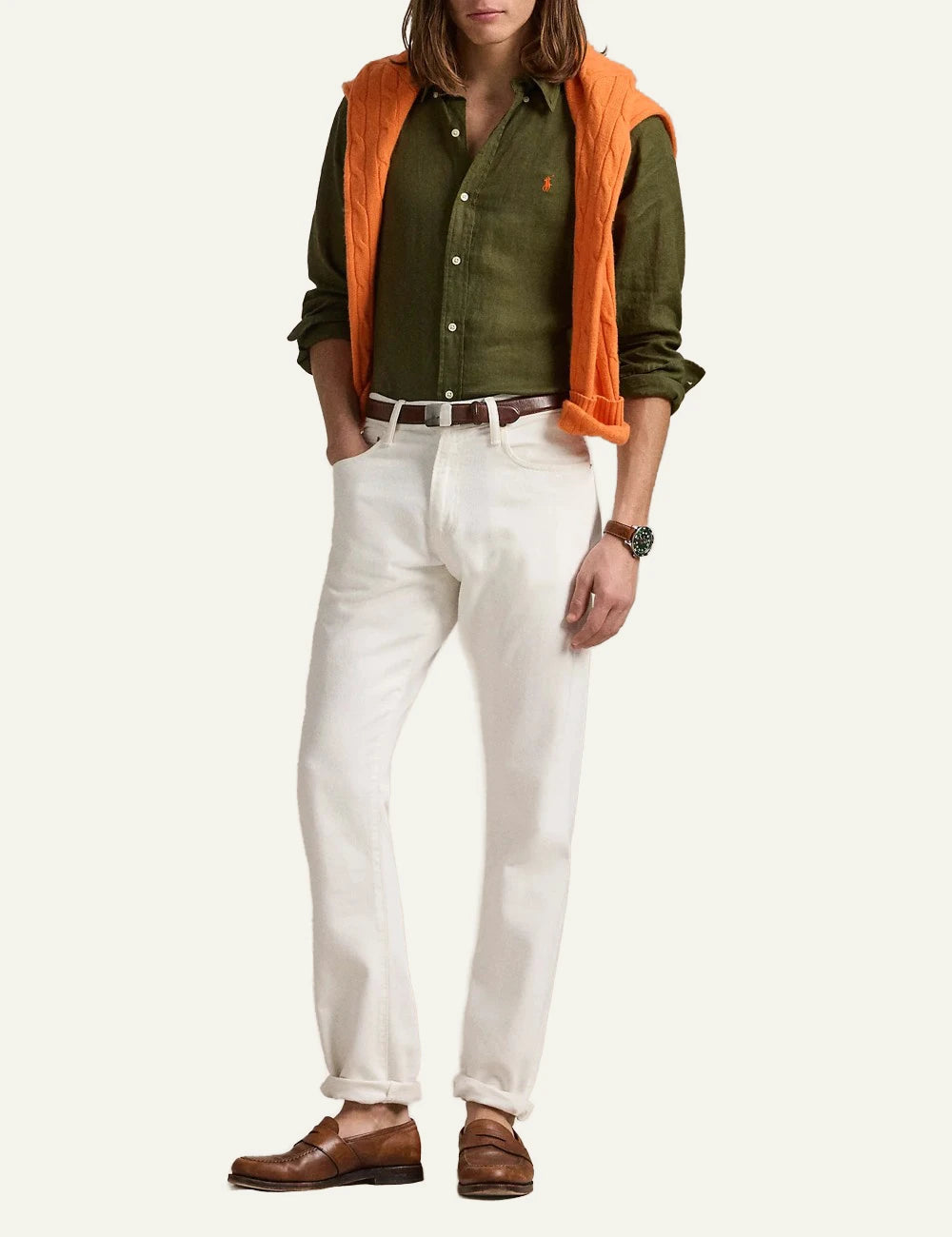 polo ralph lauren linen shirt khaki long sleeve button down pony logo front full body view