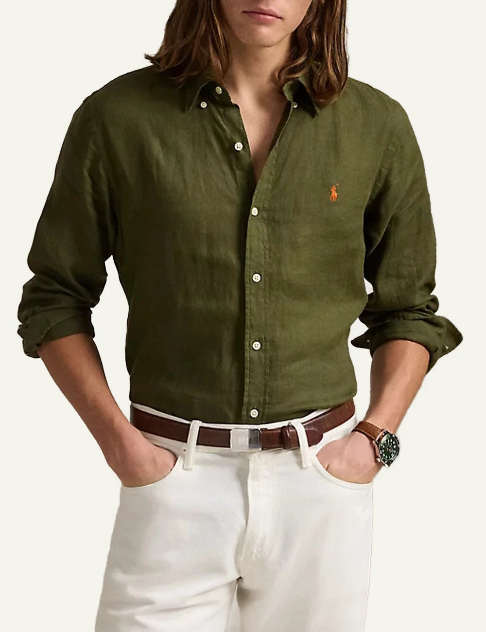 polo ralph lauren linen shirt khaki long sleeve button down pony logo front model view