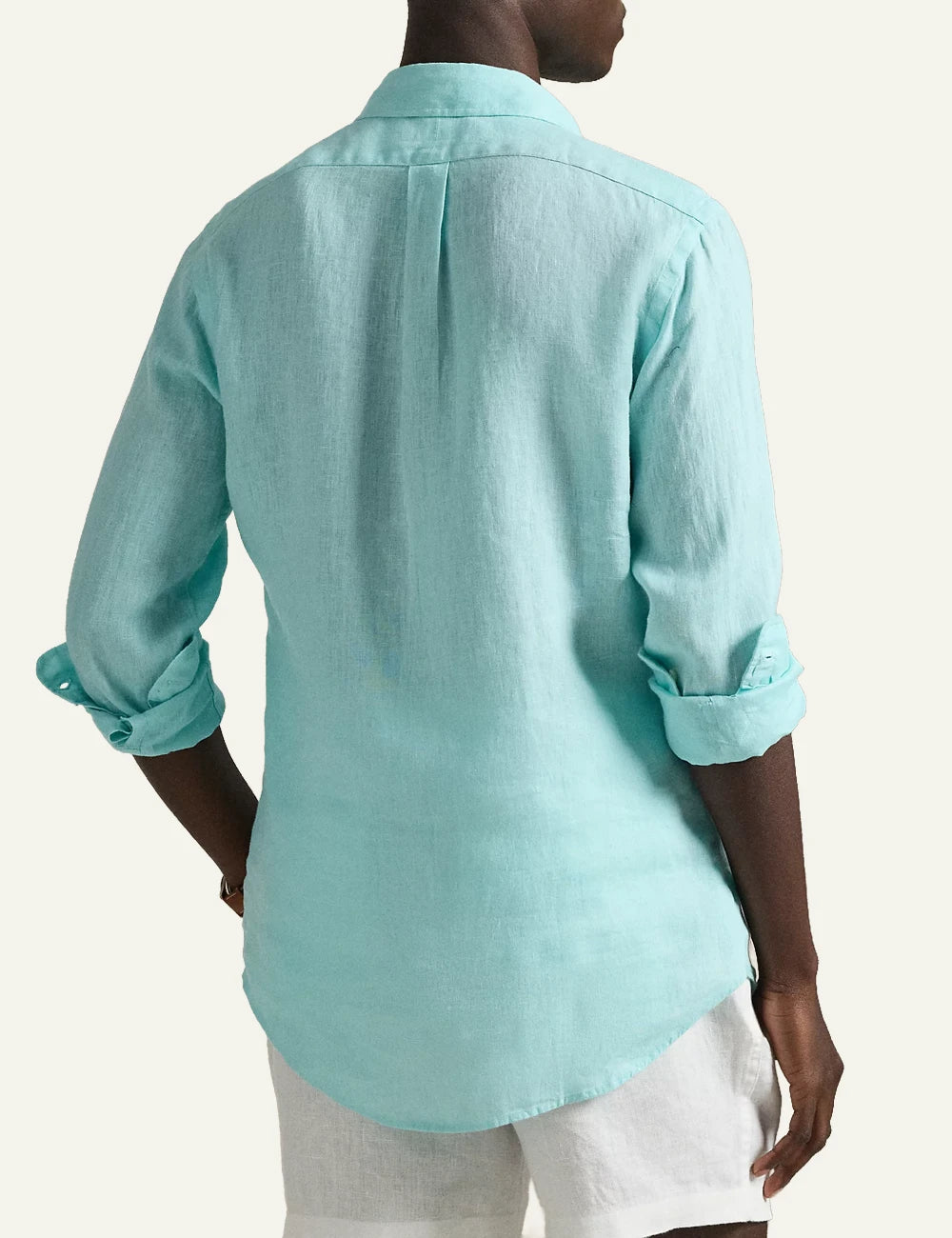 polo ralph lauren linen shirt light blue long sleeve button down pony logo back view