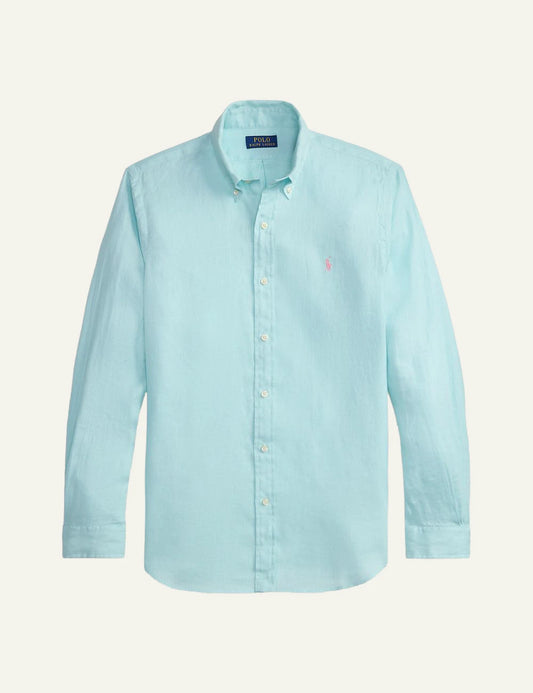 polo ralph lauren linen shirt light blue long sleeve button down pony logo front view