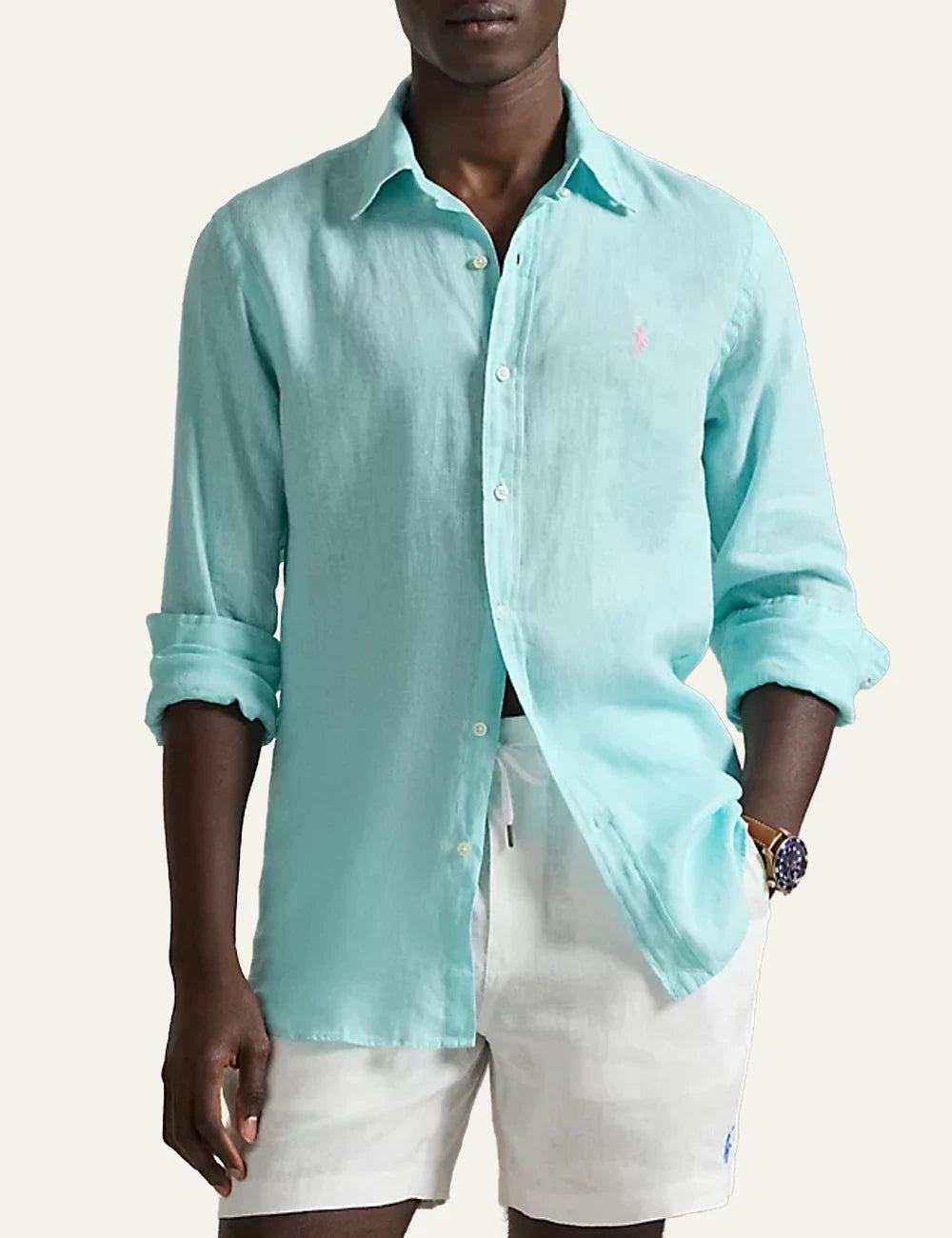 polo ralph lauren linen shirt light blue long sleeve button down pony logo front model view