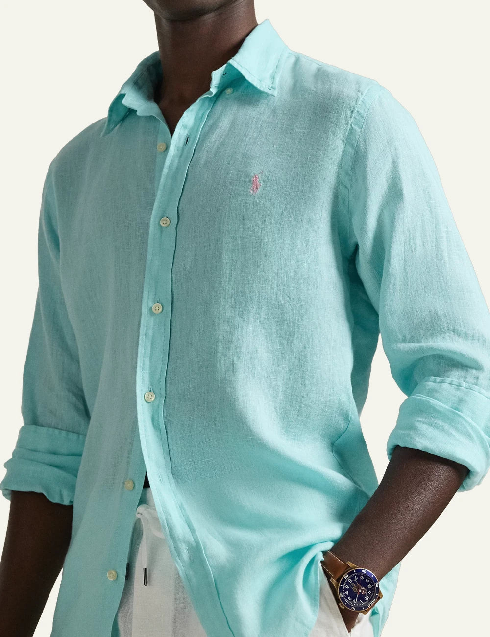 polo ralph lauren linen shirt light blue long sleeve button down pony logo front detail view