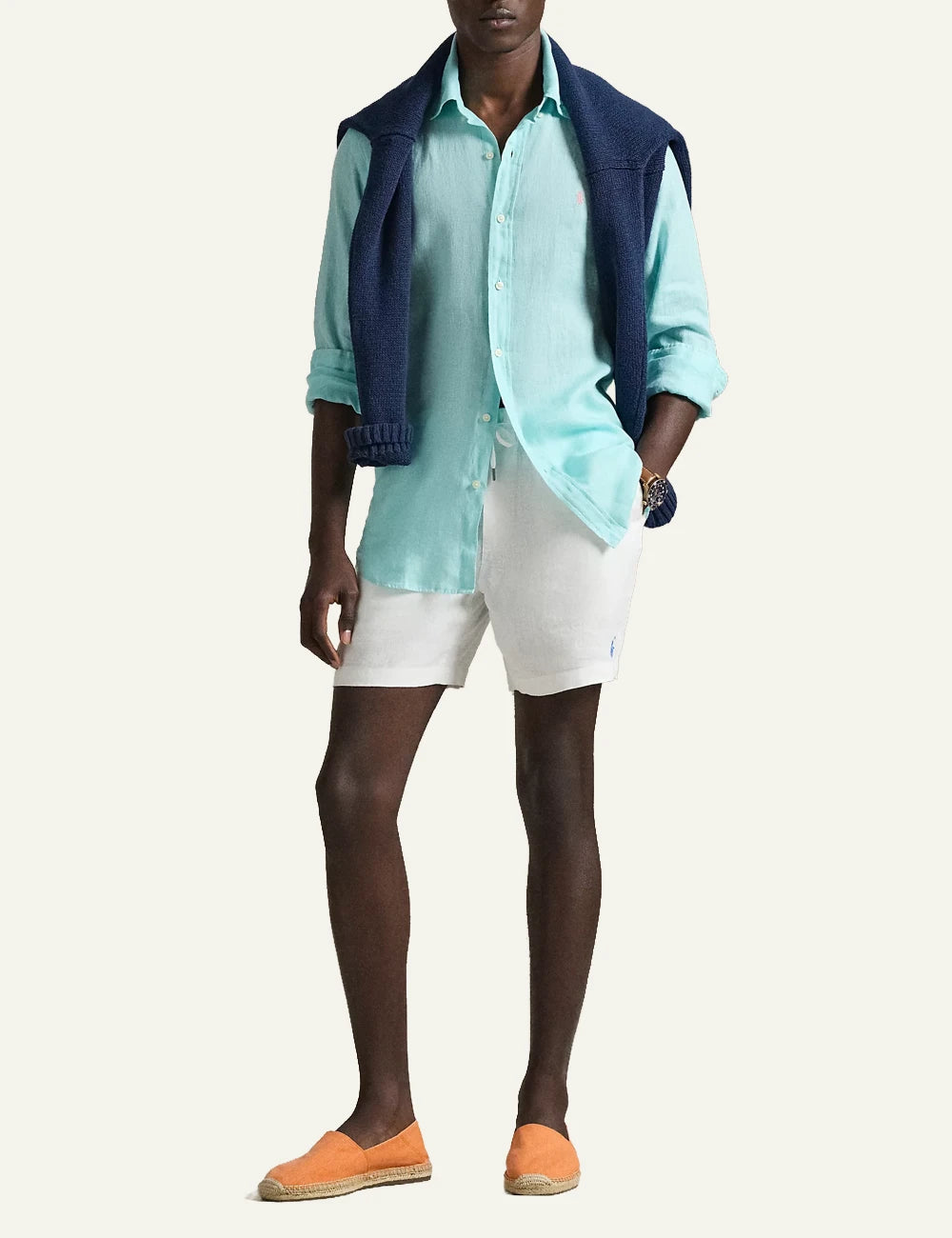 polo ralph lauren linen shirt light blue long sleeve button down pony logo front full body view