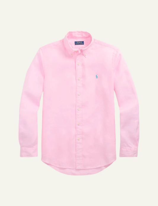 polo ralph lauren linen shirt pink long sleeve button down pony logo front view