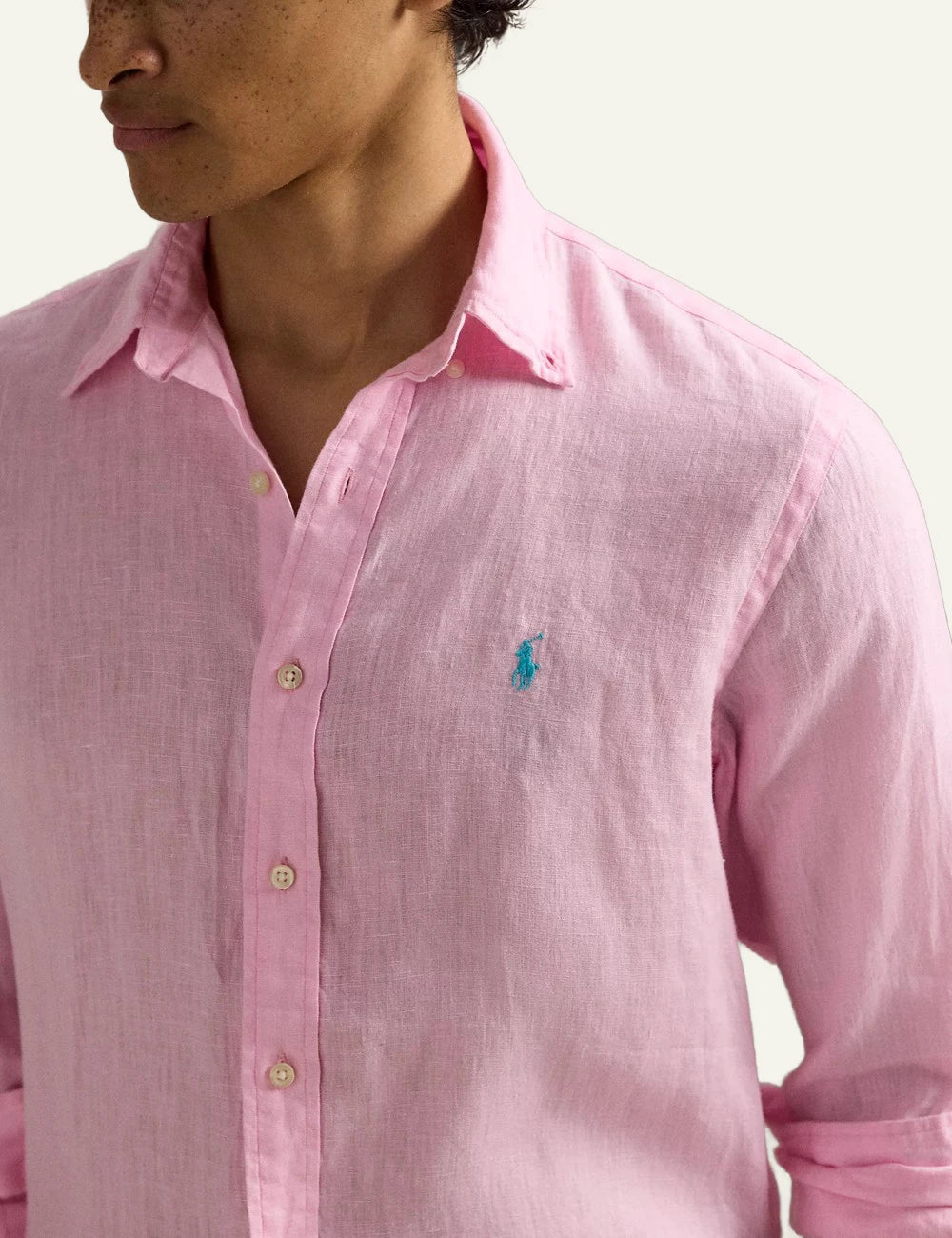 polo ralph lauren linen shirt pink long sleeve button down pony logo front detail view