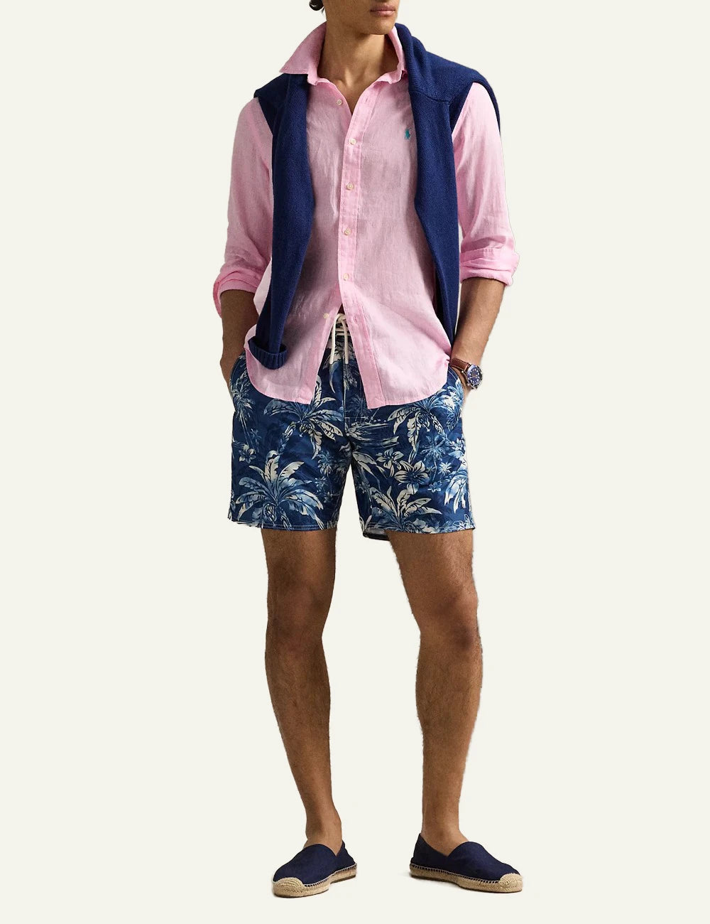 polo ralph lauren linen shirt pink long sleeve button down pony logo front full body view