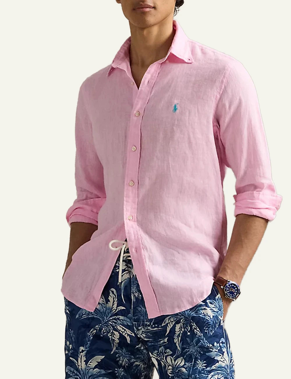 polo ralph lauren linen shirt pink long sleeve button down pony logo front model view