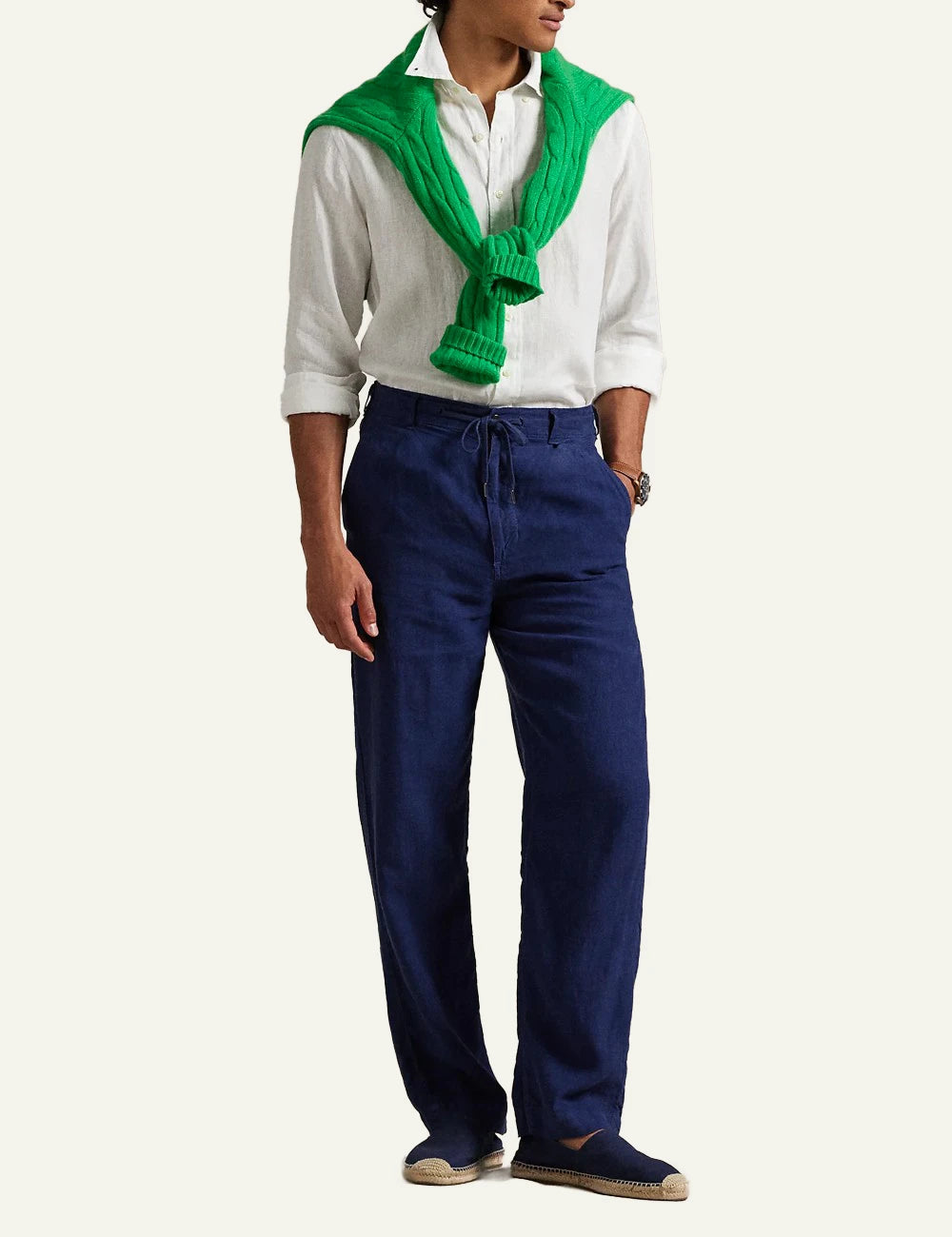 polo ralph lauren linen shirt white long sleeve button down pony logo front full body view