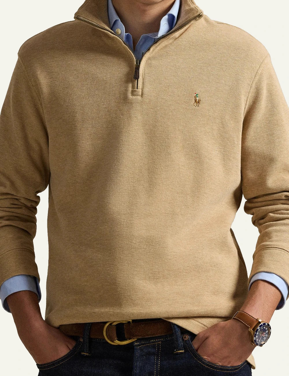 Men's Polo Ralph Lauren beige cotton half-zip sweater with embroidered Pony logo detail