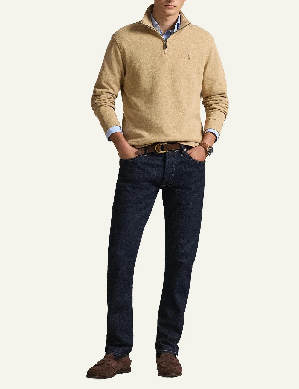 Men's Polo Ralph Lauren beige cotton half-zip sweater with embroidered Pony logo full body