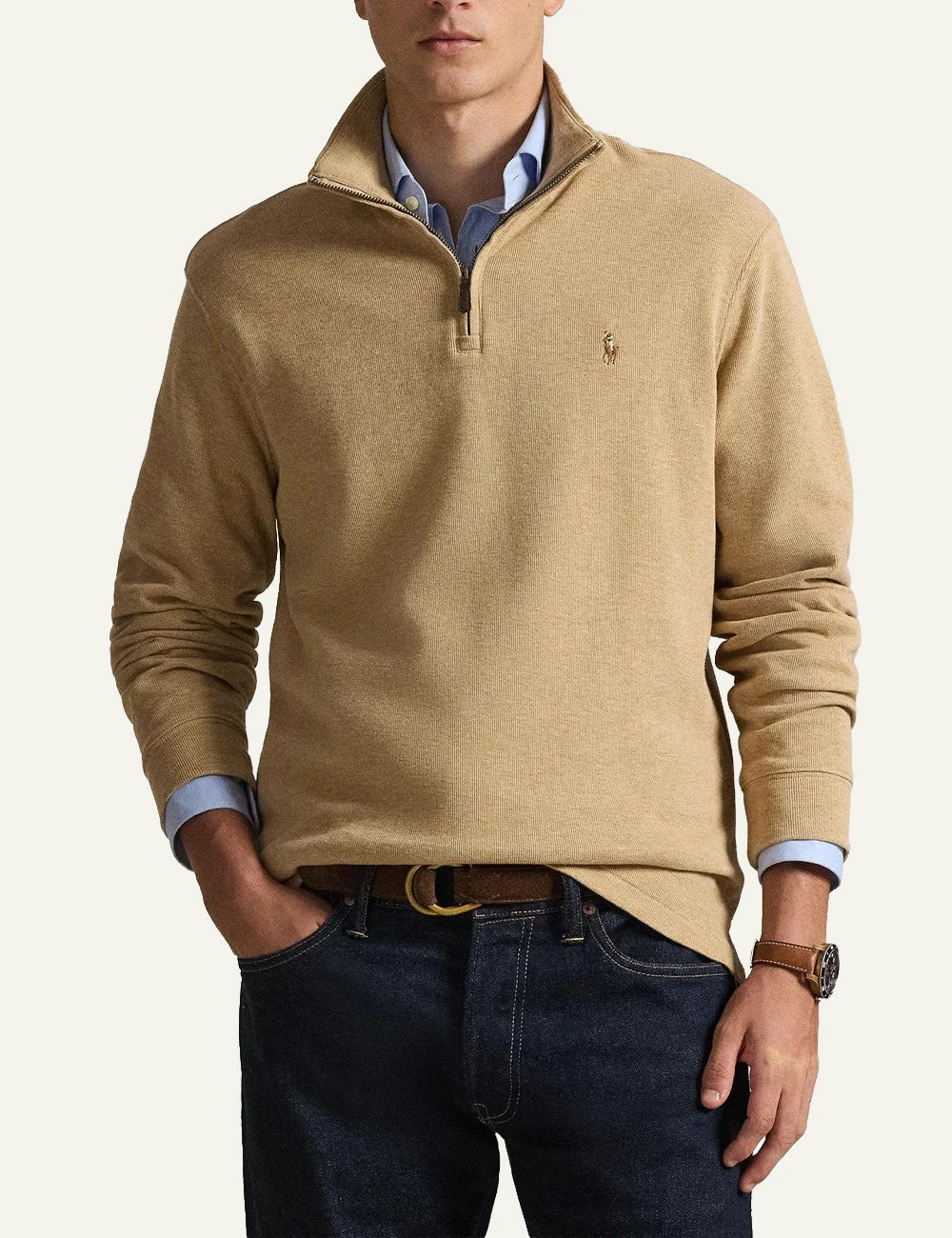 Men's Polo Ralph Lauren beige cotton half-zip sweater with embroidered Pony logo model