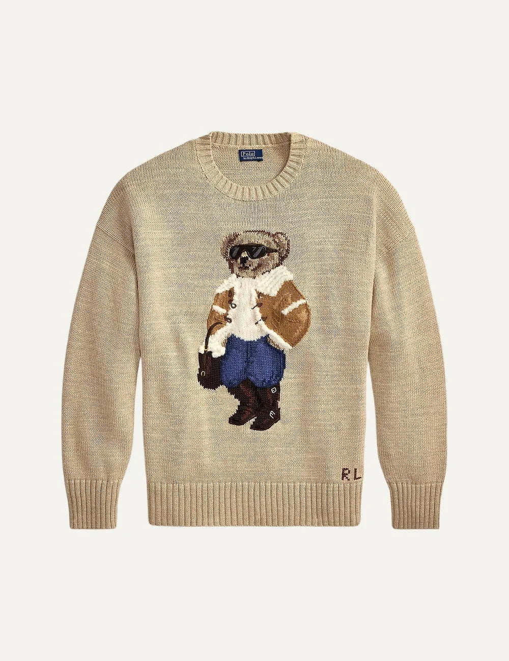 Polo Ralph Lauren men's beige cotton knit sweater featuring a Polo Bear in a shearling jacket, sunglasses and blue jeans, with ribbed trims.