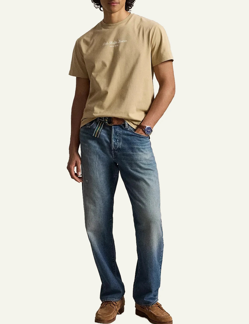 Men's Polo Ralph Lauren beige cotton T-shirt with embroidered New York logo full body