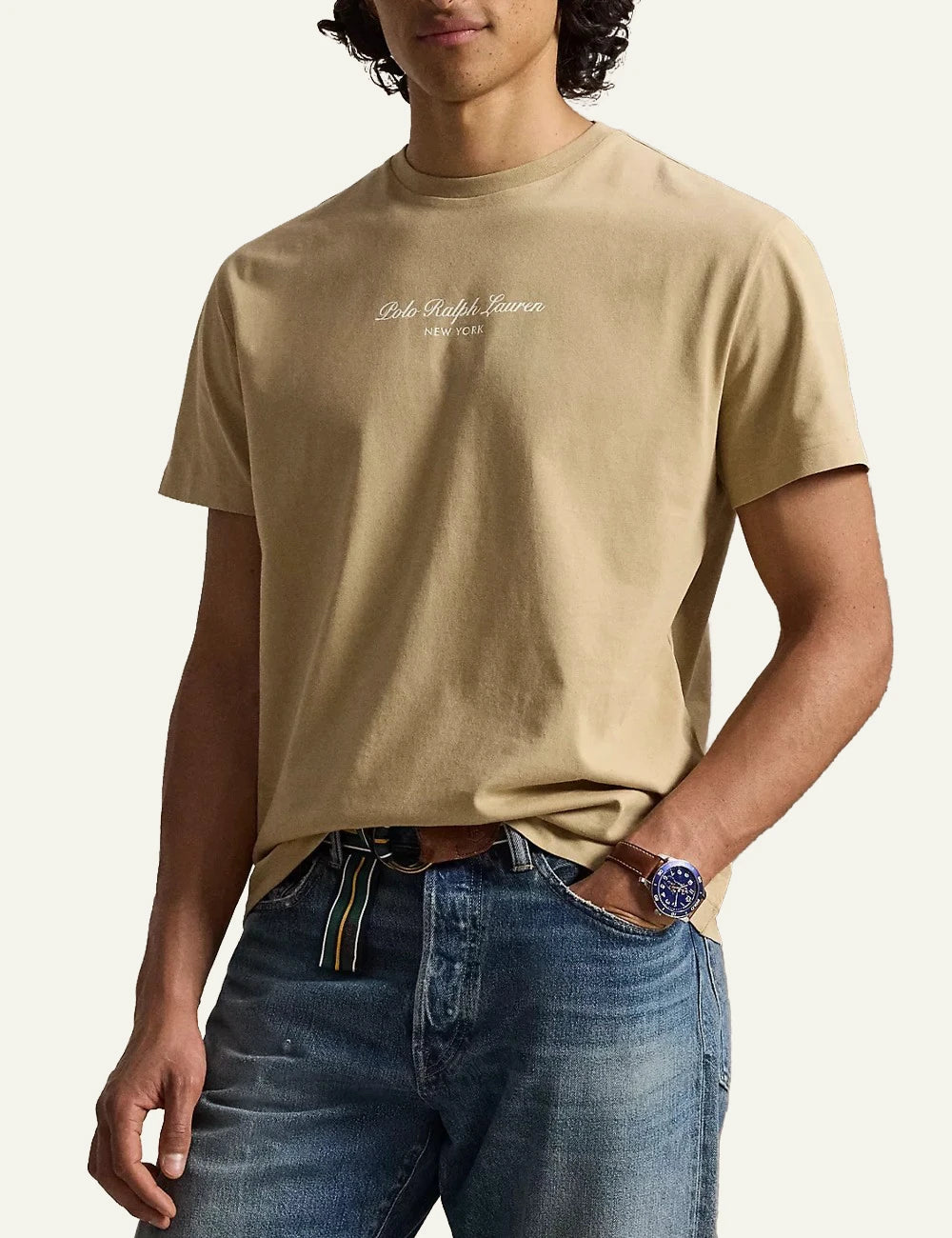 Men's Polo Ralph Lauren beige cotton T-shirt with embroidered New York logo detail