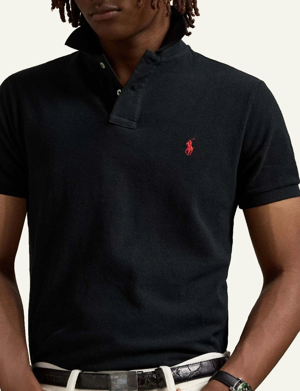 Men's Polo Ralph Lauren black cotton pique polo shirt with red embroidered Pony logo model