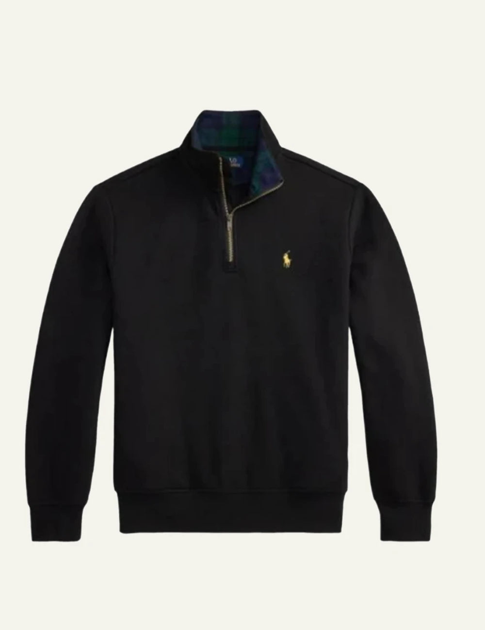 Men's Polo Ralph Lauren black half-zip sweatshirt with embroidered Pony logo and plaid collar detail