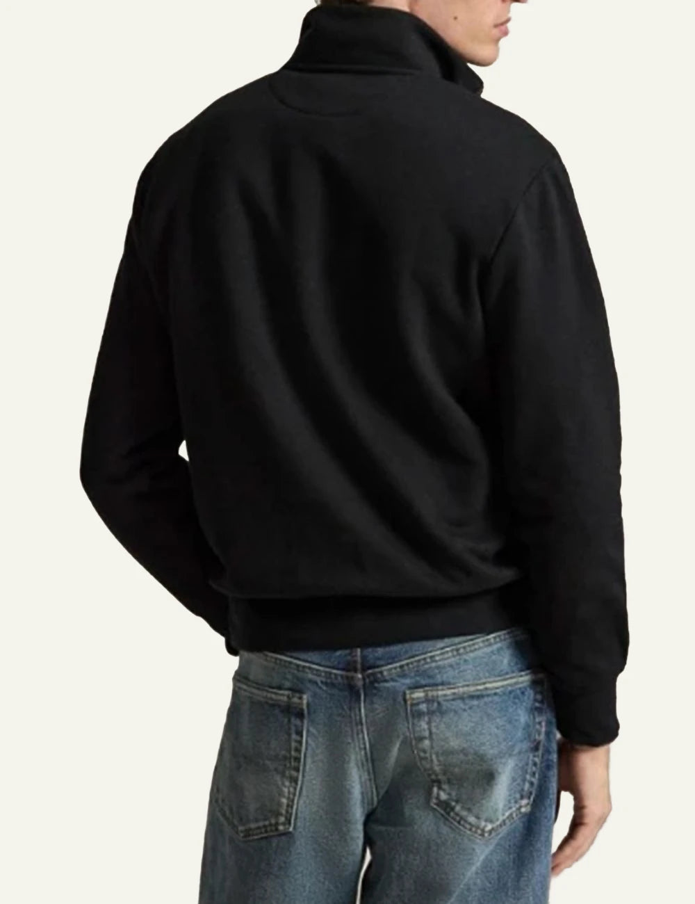 Men's Polo Ralph Lauren black half-zip sweatshirt with embroidered Pony logo and plaid collar detail back