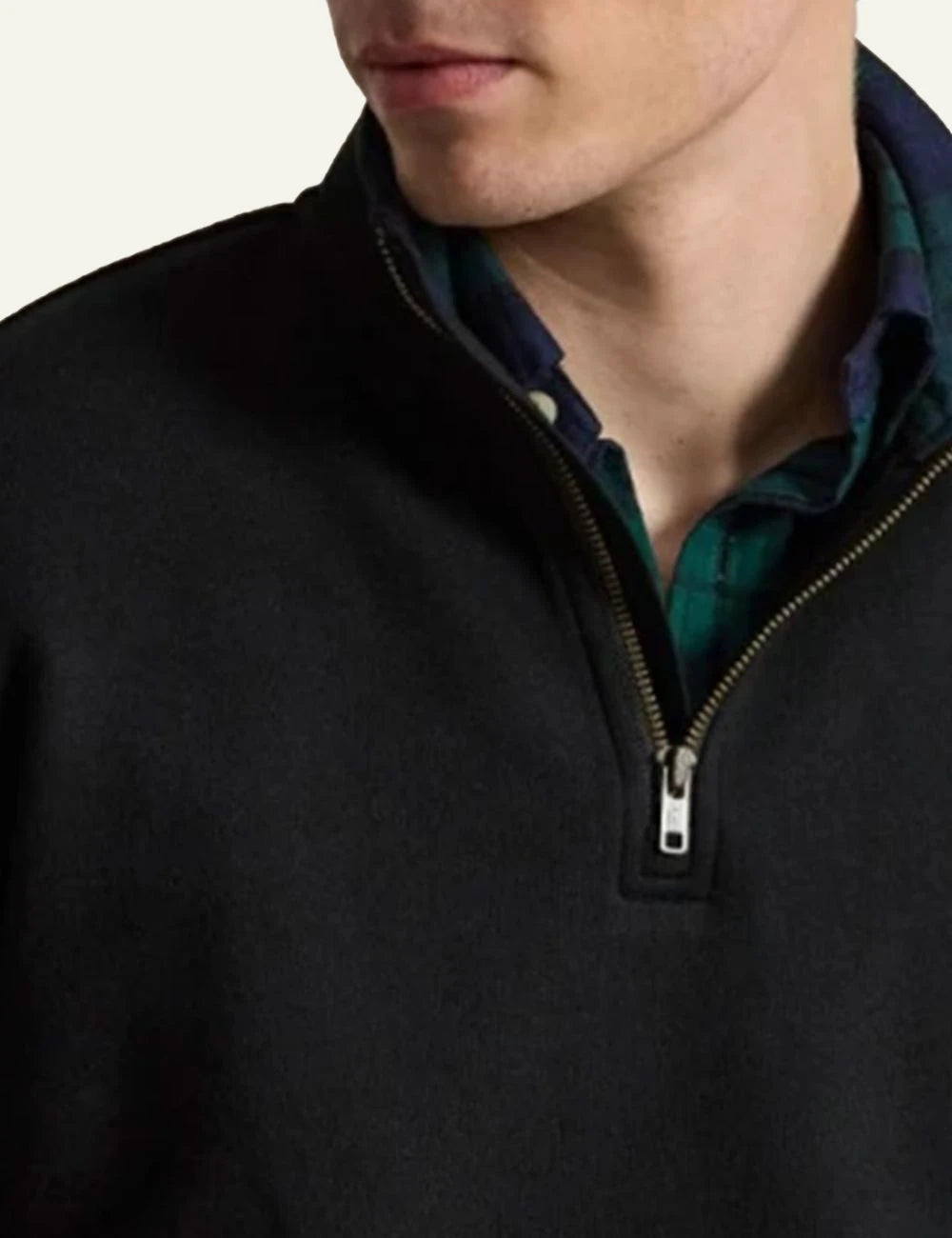 Men's Polo Ralph Lauren black half-zip sweatshirt with embroidered Pony logo and plaid collar detail 