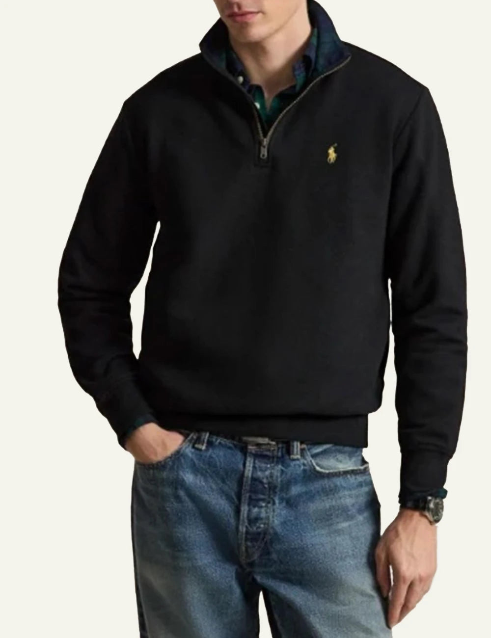 Men's Polo Ralph Lauren black half-zip sweatshirt with embroidered Pony logo and plaid collar detail model