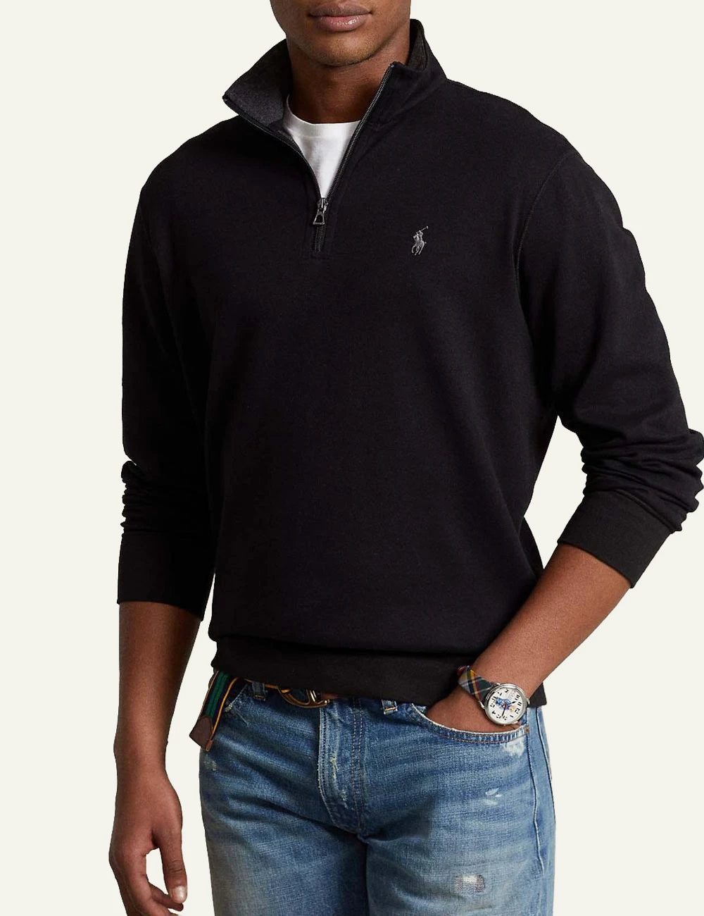 Men's Polo Ralph Lauren black half-zip sweatshirt with embroidered Pony logo model