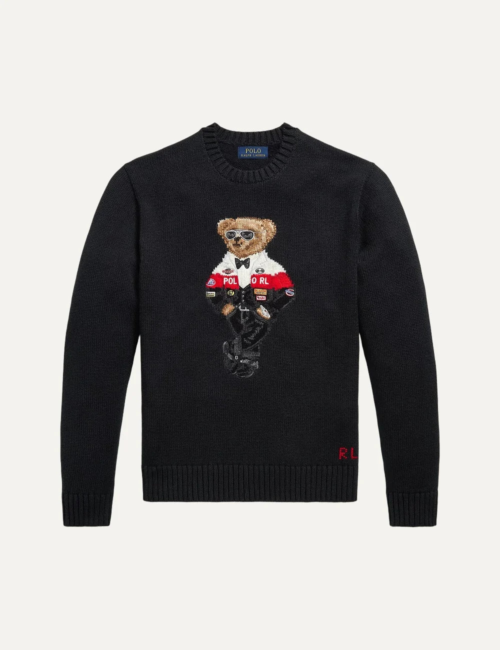 Polo Ralph Lauren men's black cotton cashmere knit sweater with crew neck, racing-inspired Polo Bear intarsia, ribbed trims and red RL embroidery.