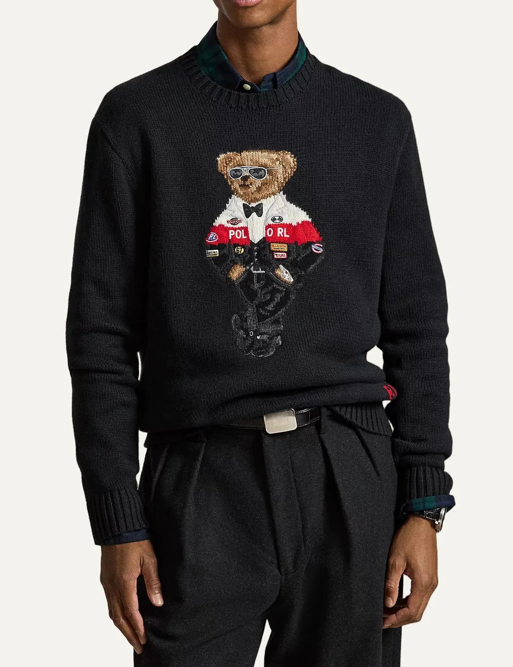 Polo Ralph Lauren men's black cotton cashmere knit sweater with crew neck, racing-inspired Polo Bear intarsia, ribbed trims and red RL embroidery full body
