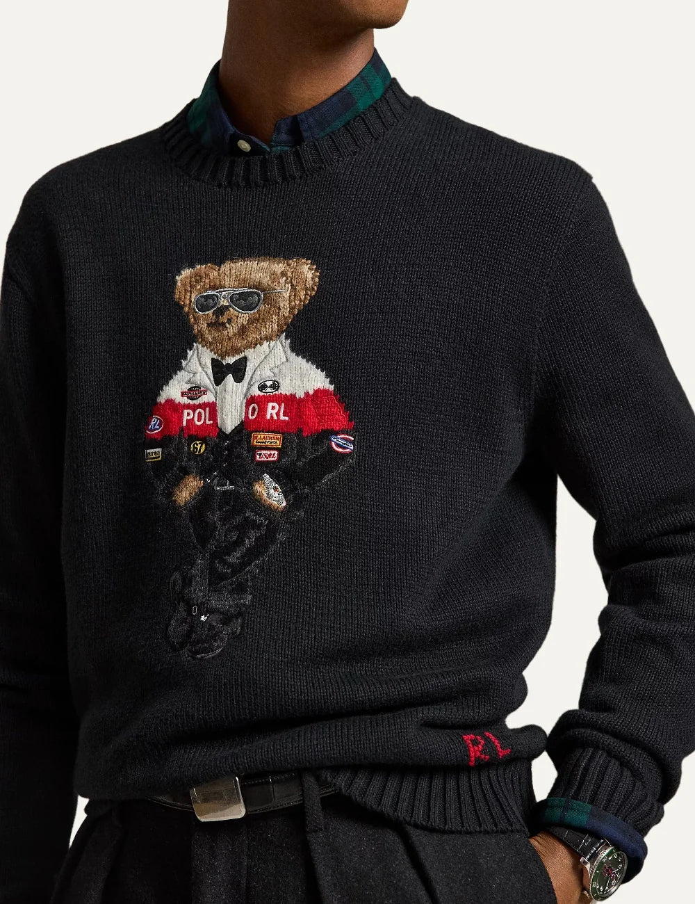 Polo Ralph Lauren men's black cotton cashmere knit sweater with crew neck, racing-inspired Polo Bear intarsia, ribbed trims and red RL embroidery detail