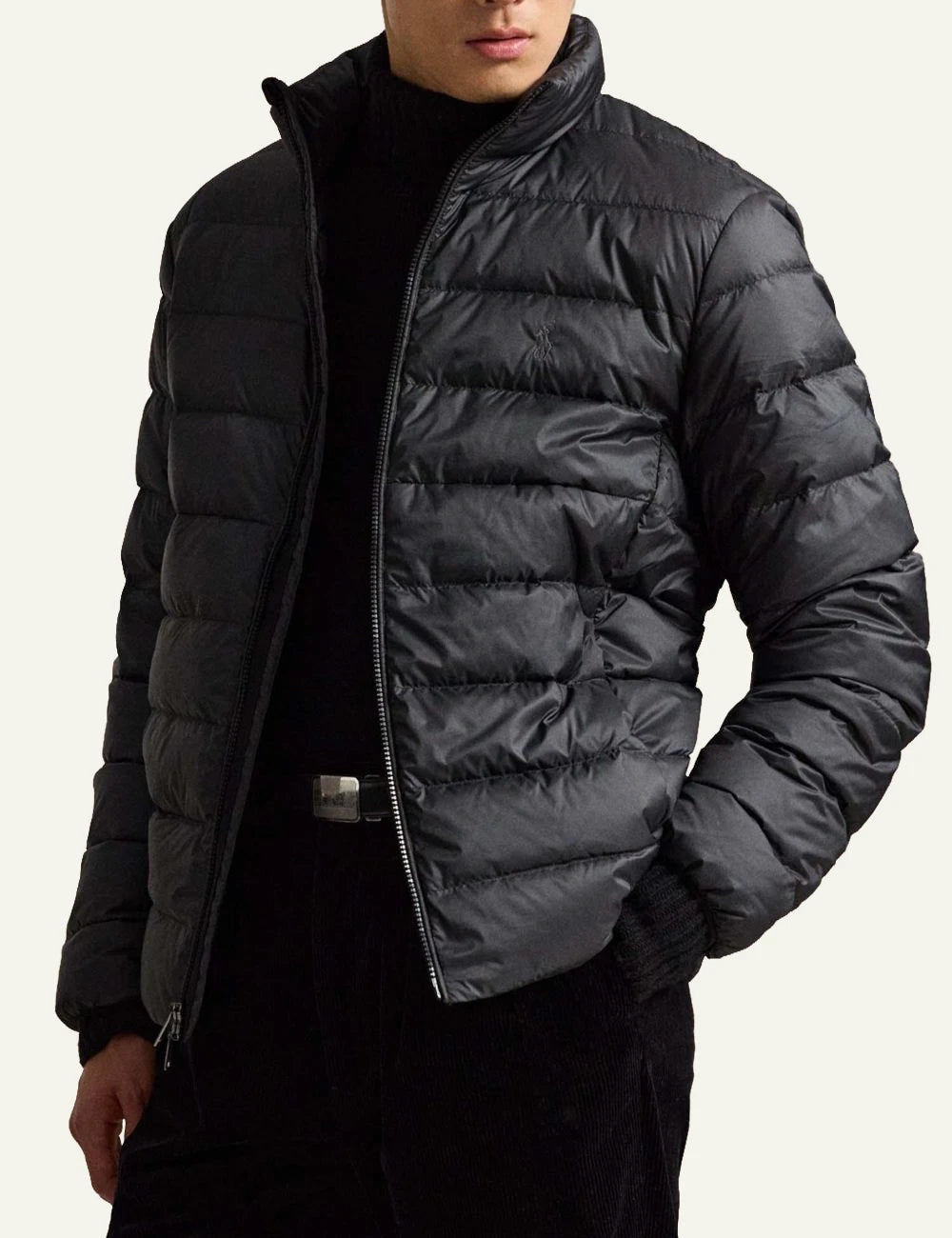 Men's Polo Ralph Lauren black quilted down jacket with embroidered Pony logo full body