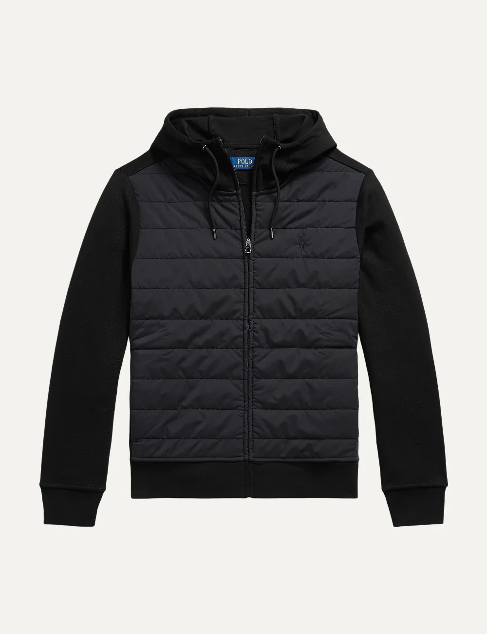  Polo Ralph Lauren men's black cotton blend zip hoodie with quilted front panel and Pony logo