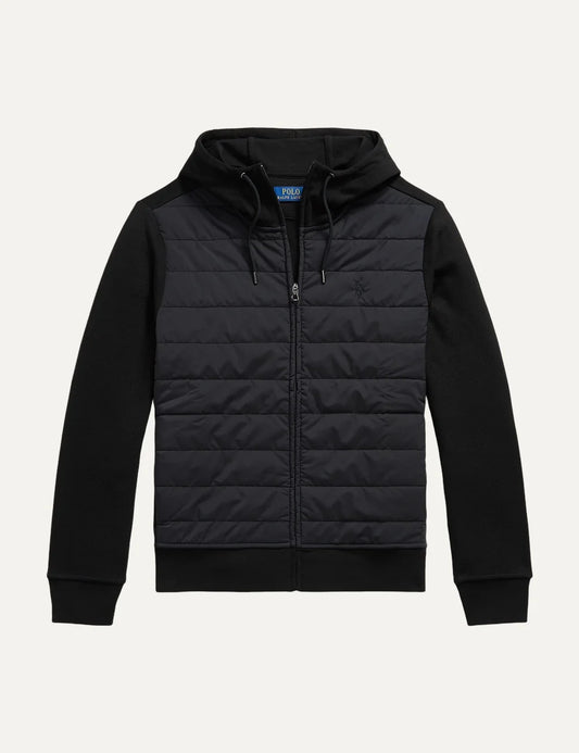  Polo Ralph Lauren men's black cotton blend zip hoodie with quilted front panel and Pony logo