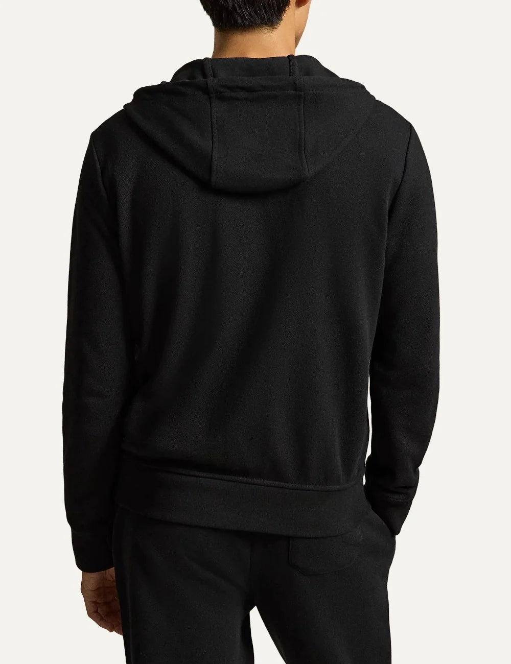  Polo Ralph Lauren men's black cotton blend zip hoodie with quilted front panel and Pony logo back