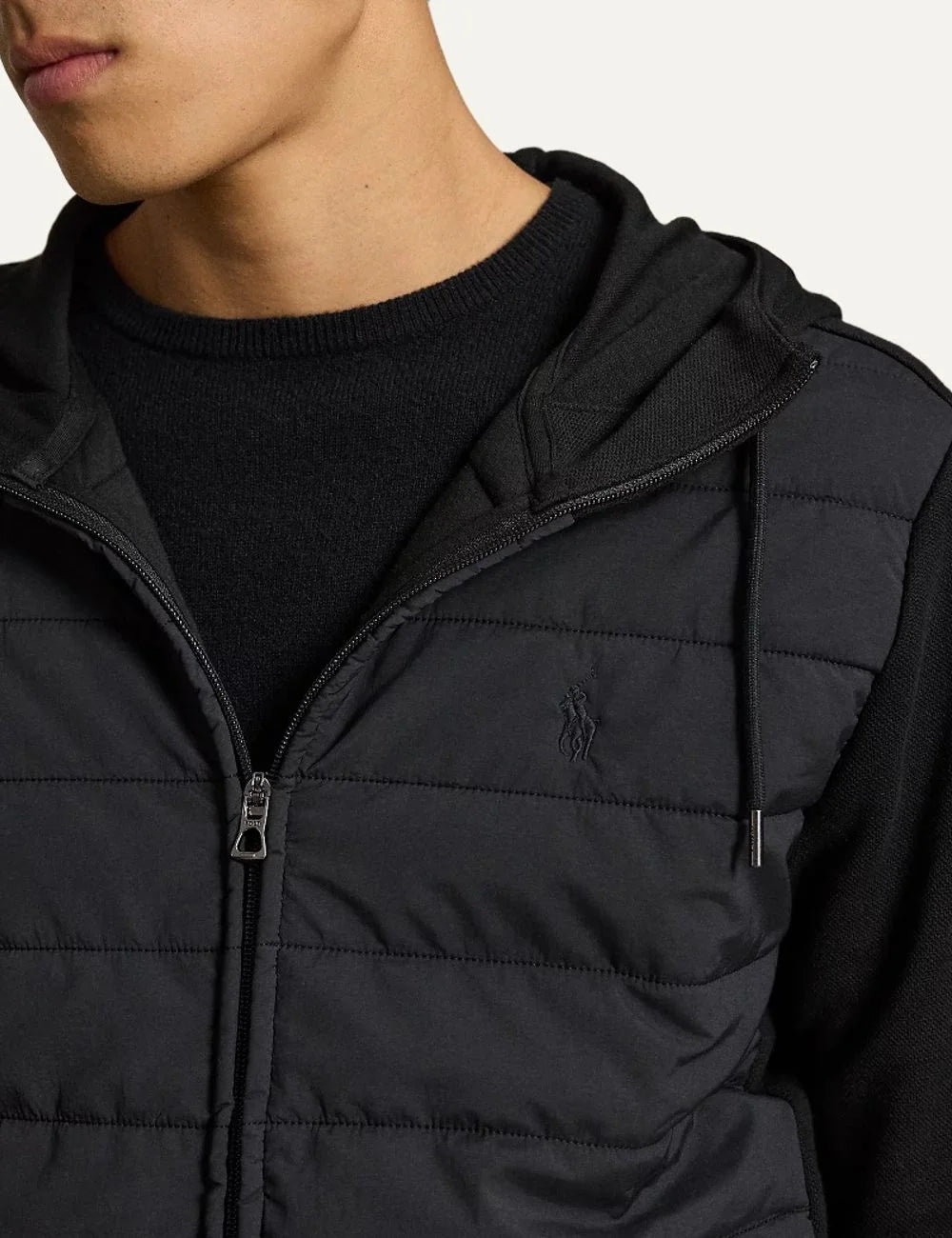  Polo Ralph Lauren men's black cotton blend zip hoodie with quilted front panel and Pony logo detail