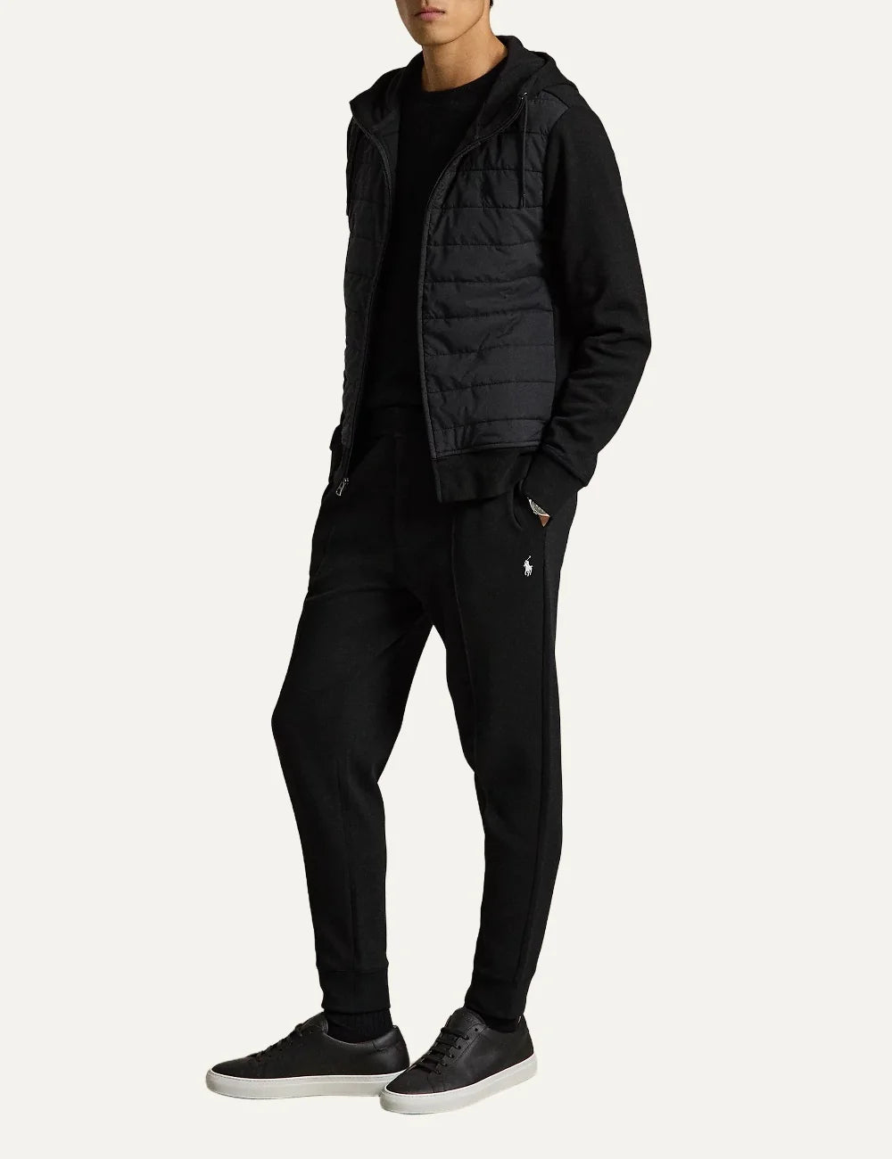  Polo Ralph Lauren men's black cotton blend zip hoodie with quilted front panel and Pony logo full body