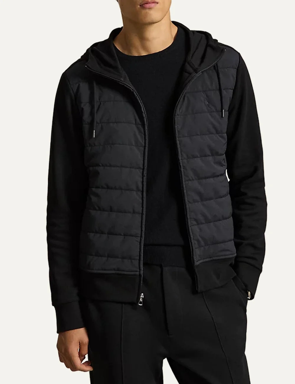  Polo Ralph Lauren men's black cotton blend zip hoodie with quilted front panel and Pony logo model
