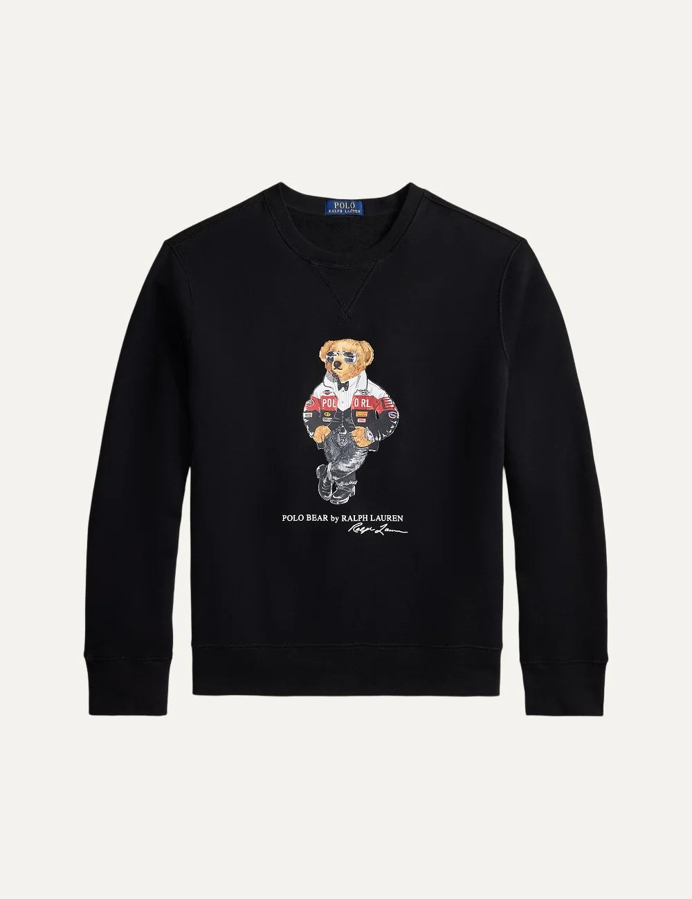 Polo Ralph Lauren men's black crewneck sweatshirt featuring a racing-inspired Polo Bear graphic, signature lettering, V-inset neckline and ribbed trims.