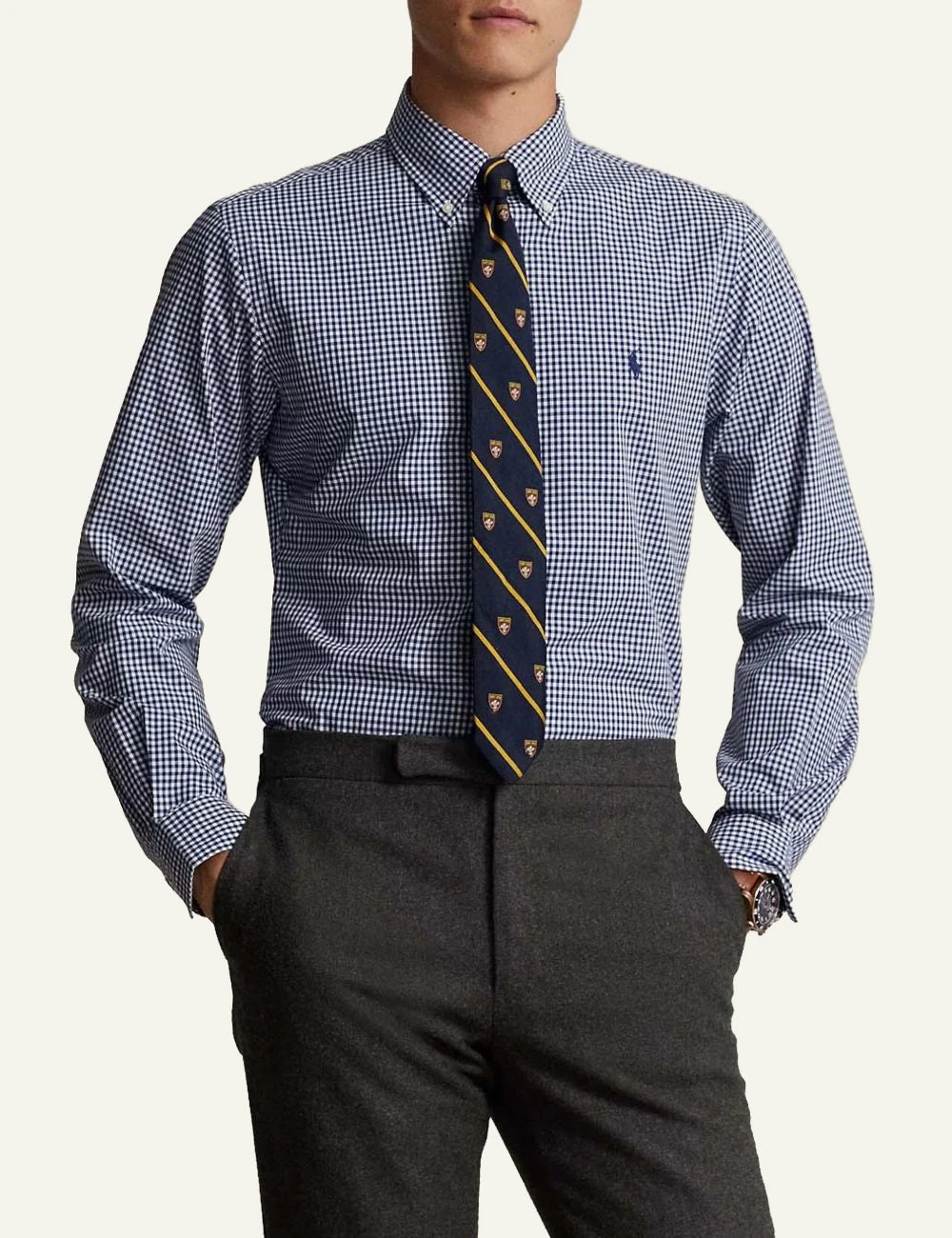 Men's Polo Ralph Lauren blue and white check shirt with embroidered Pony logo model