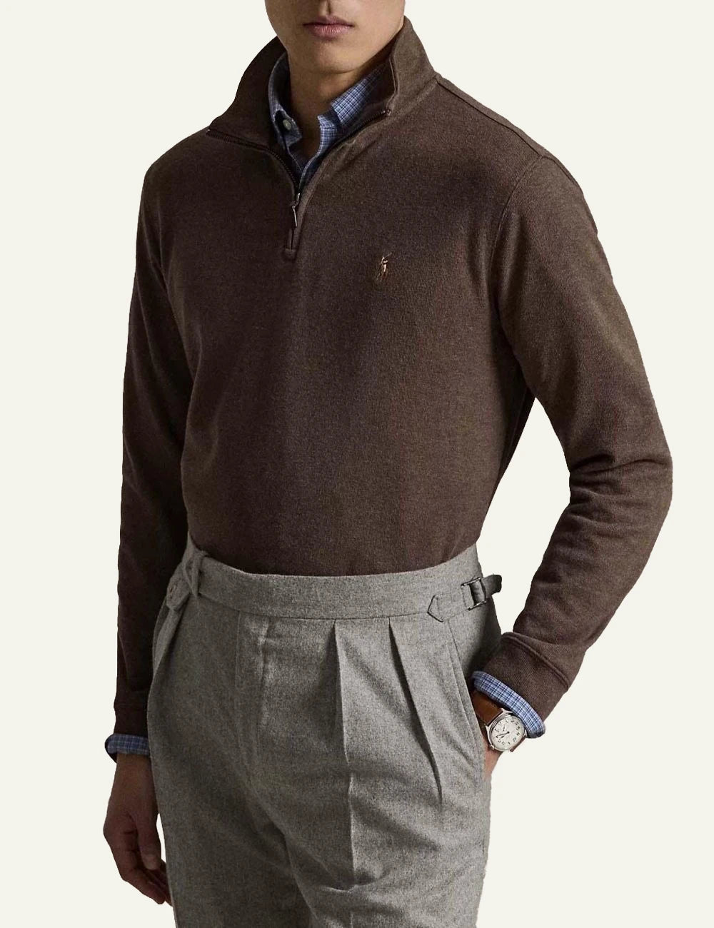 Men's Polo Ralph Lauren brown melange cotton half-zip sweater with embroidered Pony logo model