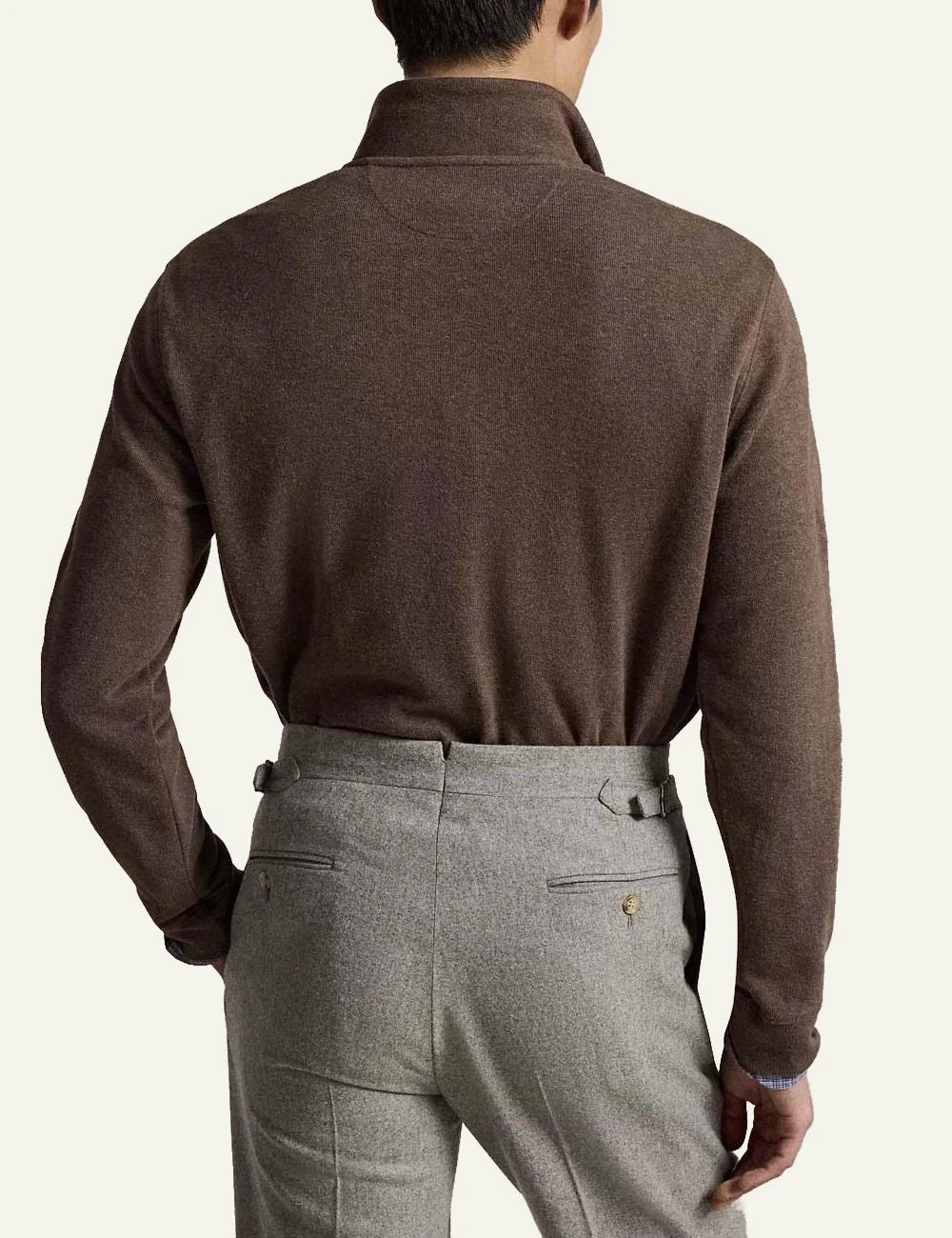 Men's Polo Ralph Lauren brown melange cotton half-zip sweater with embroidered Pony logo back
