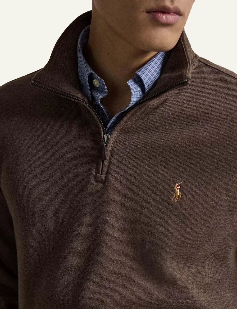 Men's Polo Ralph Lauren brown melange cotton half-zip sweater with embroidered Pony logo detail