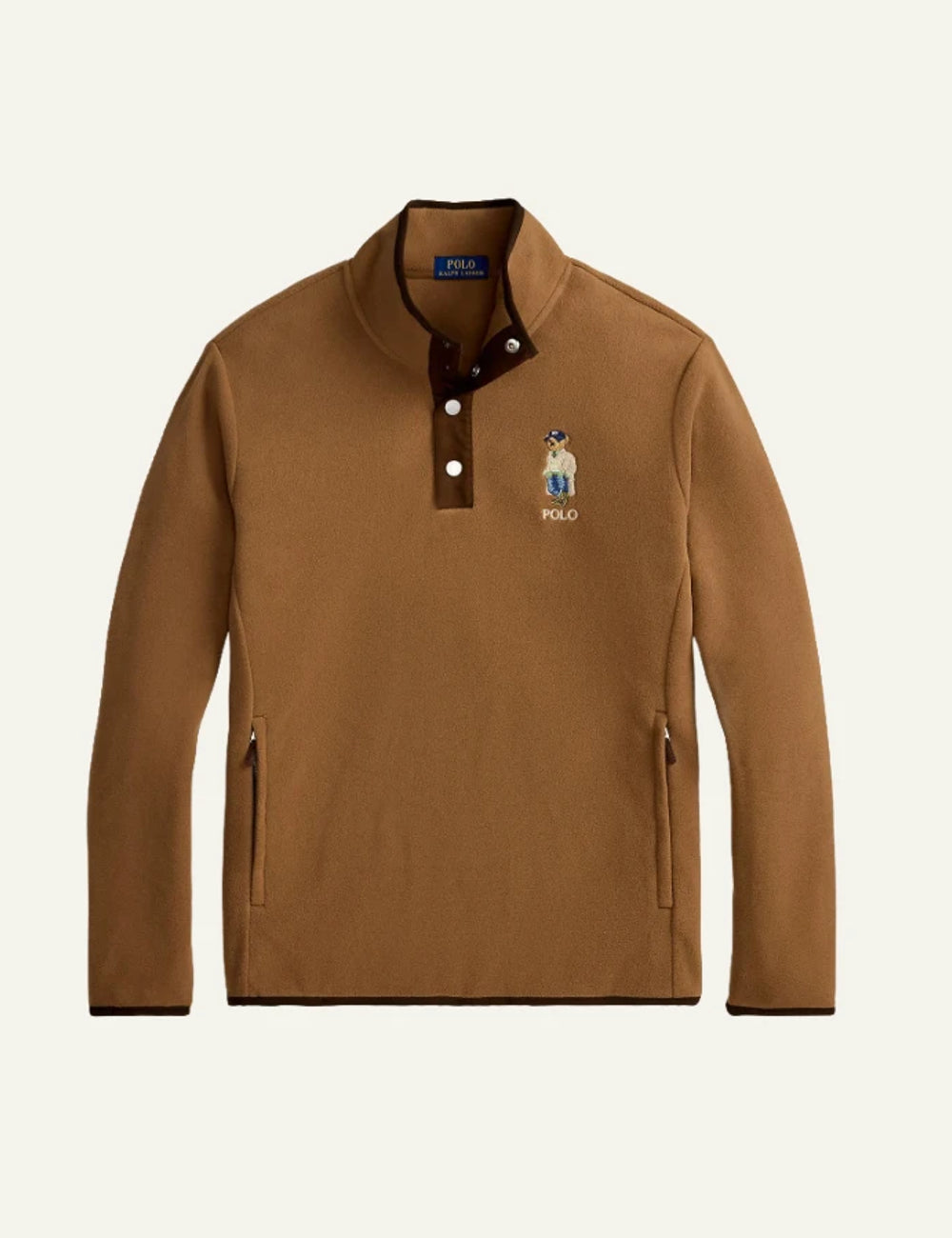 Men's Polo Ralph Lauren brown pullover sweatshirt with Polo Bear embroidery and snap collar
