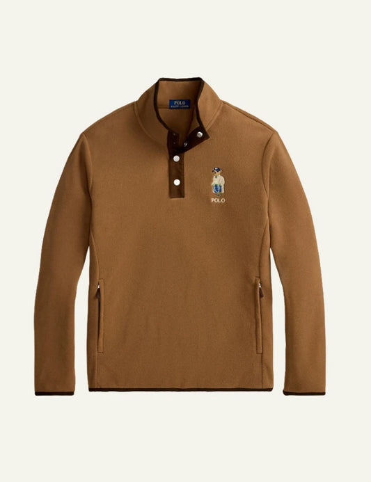 Men's Polo Ralph Lauren brown pullover sweatshirt with Polo Bear embroidery and snap collar