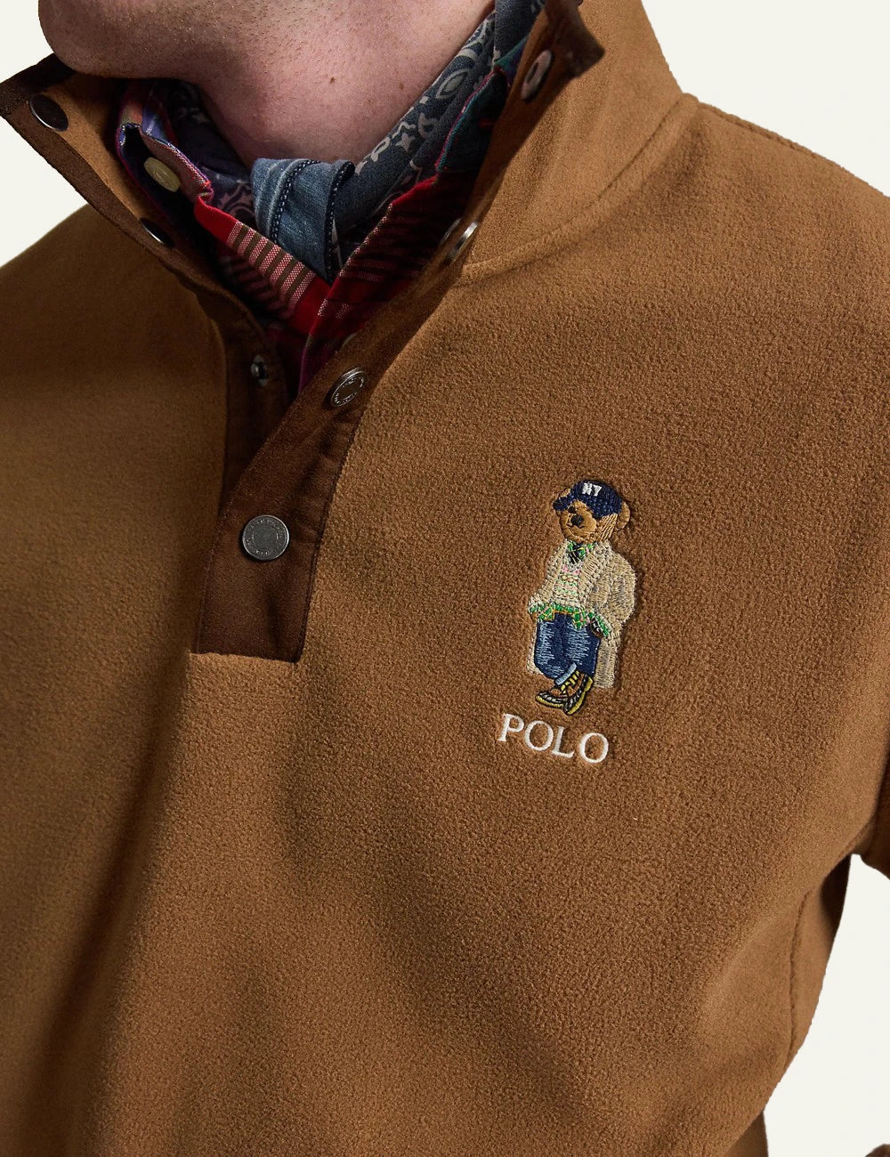 Men's Polo Ralph Lauren brown pullover sweatshirt with Polo Bear embroidery and snap collar detail